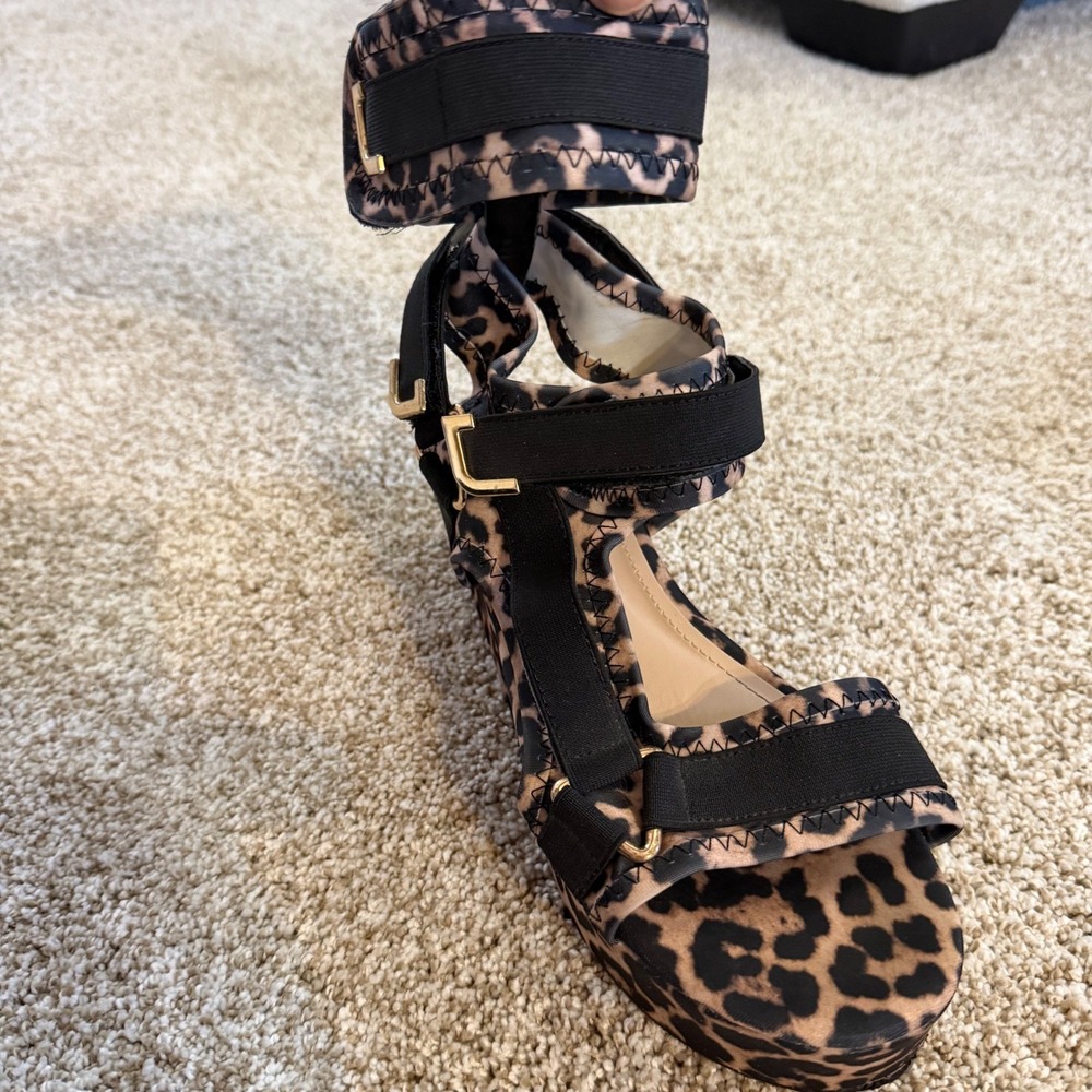 Pazzle Leopard Print Platform Sandals Womens 10 Black Strappy Ankle Strap - Picture 4 of 14